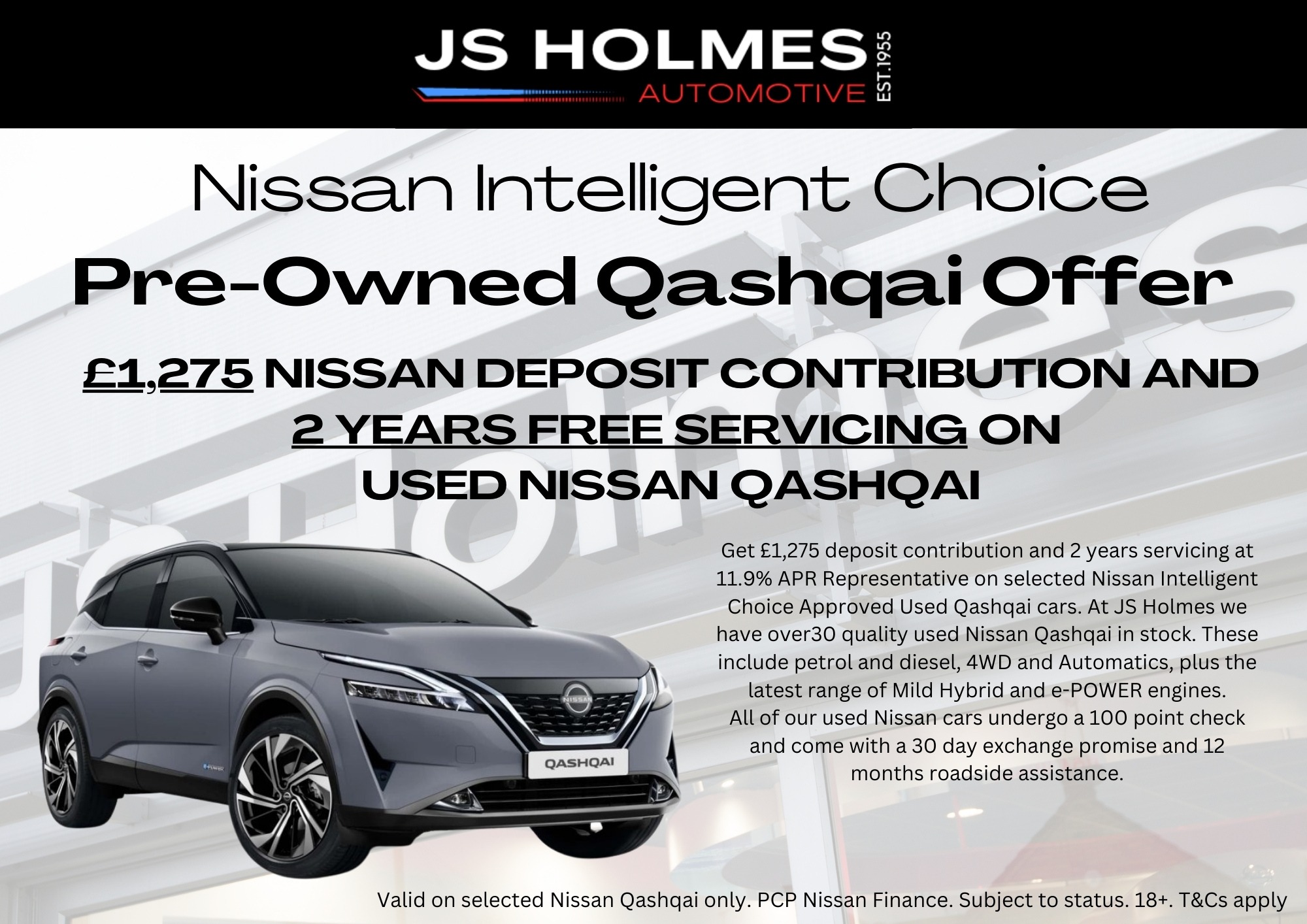 £1,275 NISSAN DEPOSIT CONTRIBUTION AND  2 YEARS FREE SERVICING ON  USED NISSAN QASHQAI